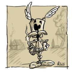 PAL dans un nouvel univers : Astérix - Pal est habillé en gaulois. Il a deux plumes à son heaume, des chaussures de cuir et une potion magique qui fume à la ceinture.