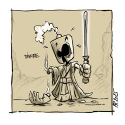 OUKILÉ - PAL dans un nouvel univers : STAR WARS - Pal est habillé en jedi. Il tient un sabre laser avec lequel, il vient de se trancher la main.