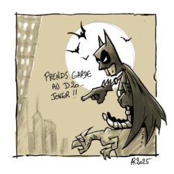 PAL dans un nouvel univers : Batman - Pal est habillé en Batman. Il est debout sur une gargouille, devant la pleine lune et pointe du doigt quelqu'un en contre-bas.