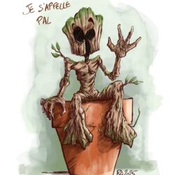 OUKILÉ - PAL dans un nouvel univers : Groot - Pal est représenté comme Groot, assis dans un pot en terre cuite.
