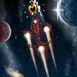 OUKILÉ - PAL dans un nouvel univers : IRON MAN - Pal est habillé en Iron Man. Il utilise ses propulseurs et s'élève dans l'espace. Il est entouré de planètes, d'étoiles et d'une galaxie.