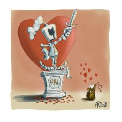 OUKILÉ - PAL dans un nouvel univers : St Valentin - Mimi est au pied d'une statue représentant Pal, victorieux, l'épée à la main. Elle semble follement éprise de lui.