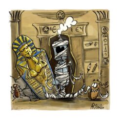 OUKILÉ - PAL dans un nouvel univers : Momie - Pal est entouré de bandelette dans un sarcophage. Mimi est en train de tirer sur l'un de ses bandelettes.