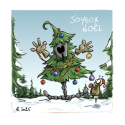 OUKILÉ - PAL dans un nouvel univers : Sapin de Noel - Pal est deguisé en sapin de Noël, décorée de boules et de guirlandes. Mimi tente d'attraper une boule de Noël.
