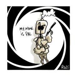 OUKILÉ - PAL dans un nouvel univers : JAMES PAL BOND - Pal se tient debout, un pistolet à la main. Il est venu au travers du canon d'une arme.