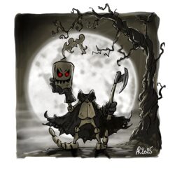 OUKILÉ - PAL dans un nouvel univers : Sleepy Hollow - Pal est décapité et tient sa tête d'une main. De l'autre, il tient une large hache. Il est debout devant la pleine lune, près d'un arbre décharné.