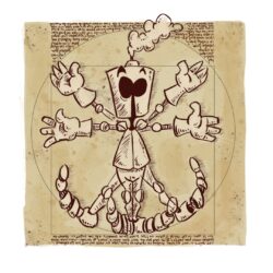 OUKILÉ - PAL dans un nouvel univers : L'homme de Vitruve. Le paladin est dessiné à la manière de l'homme de Vitruve.