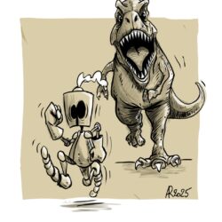 OUKILÉ - PAL dans un nouvel univers : JURASSIC PARK - Pal est poursuivi par un T-rex. Il s'enfuit vers le devant de la case