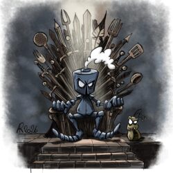 OUKILÉ - PAL dans un nouvel univers : Games of Thrones -Pal, l'air extrêmement sombre, est assis sur un trone magistral fait de lames d'épées mais aussi de louches, spatules, fourchettes...