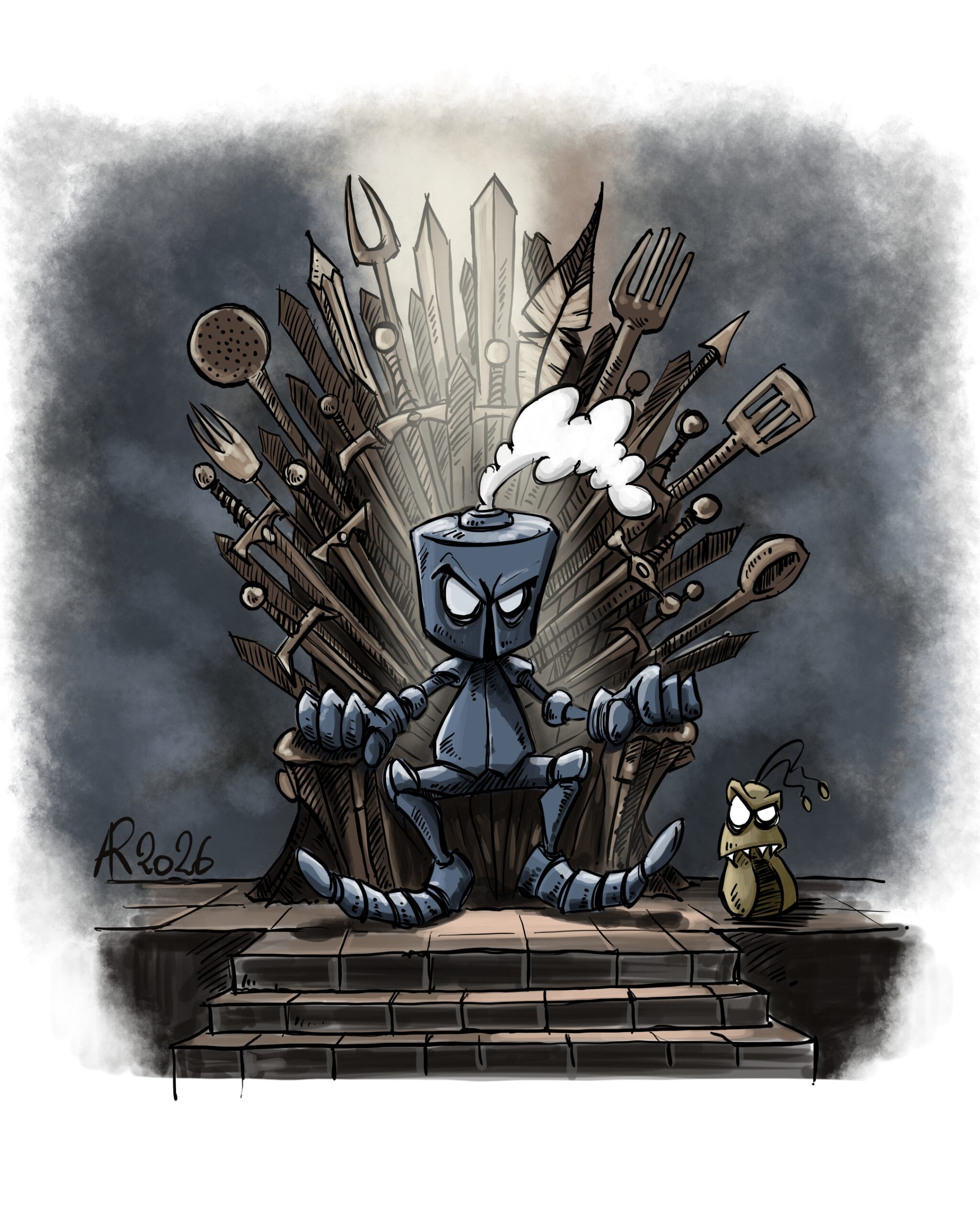 OUKILÉ - PAL dans un nouvel univers : Games of Thrones -Pal, l'air extrêmement sombre, est assis sur un trone magistral fait de lames d'épées mais aussi de louches, spatules, fourchettes...